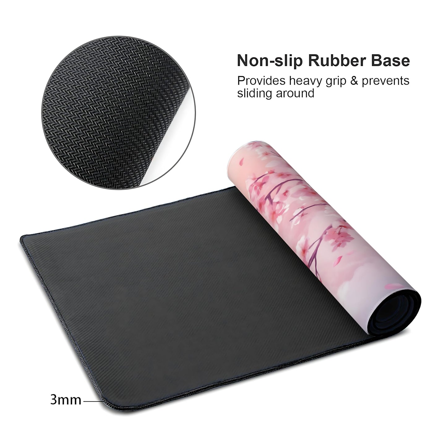 Cute Floral Aesthetic Cherry Gaming Mouse Pad, Pink Dreamy Desk Mat with Anti-Slip Base & Stitched
