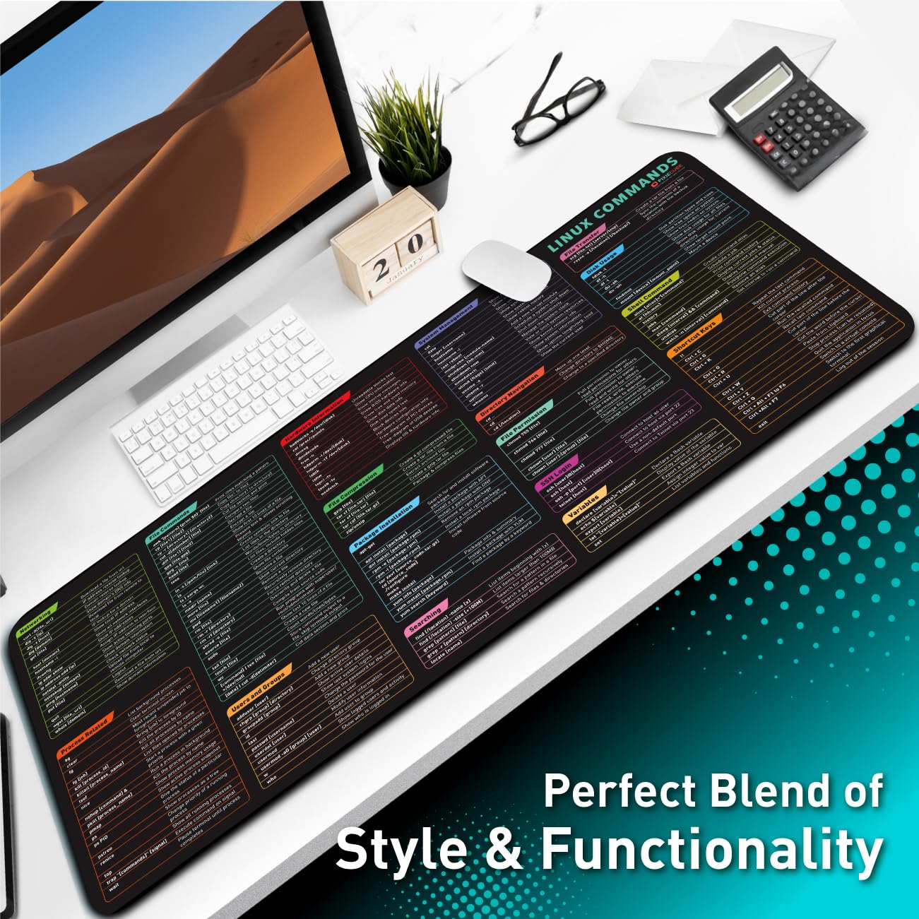 Pixiecube Linux Commands Line Mouse pad - Extended Large Cheat Sheet Mousepad. Shortcuts to