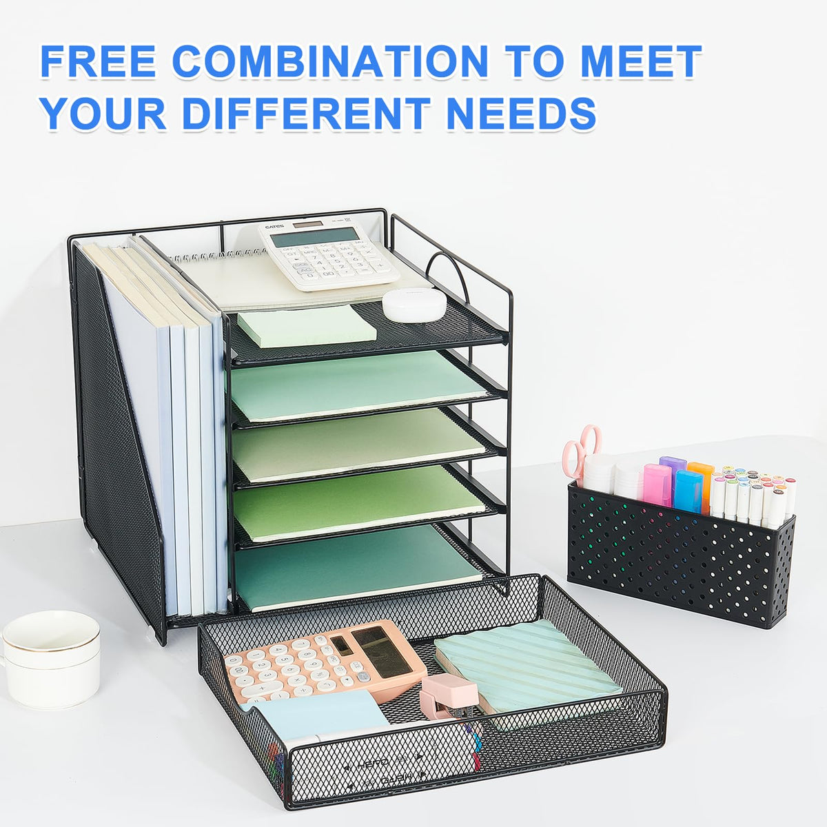 OUTIOE 5-Tier Desk Organizer with Drawer and Pen Holder, Black