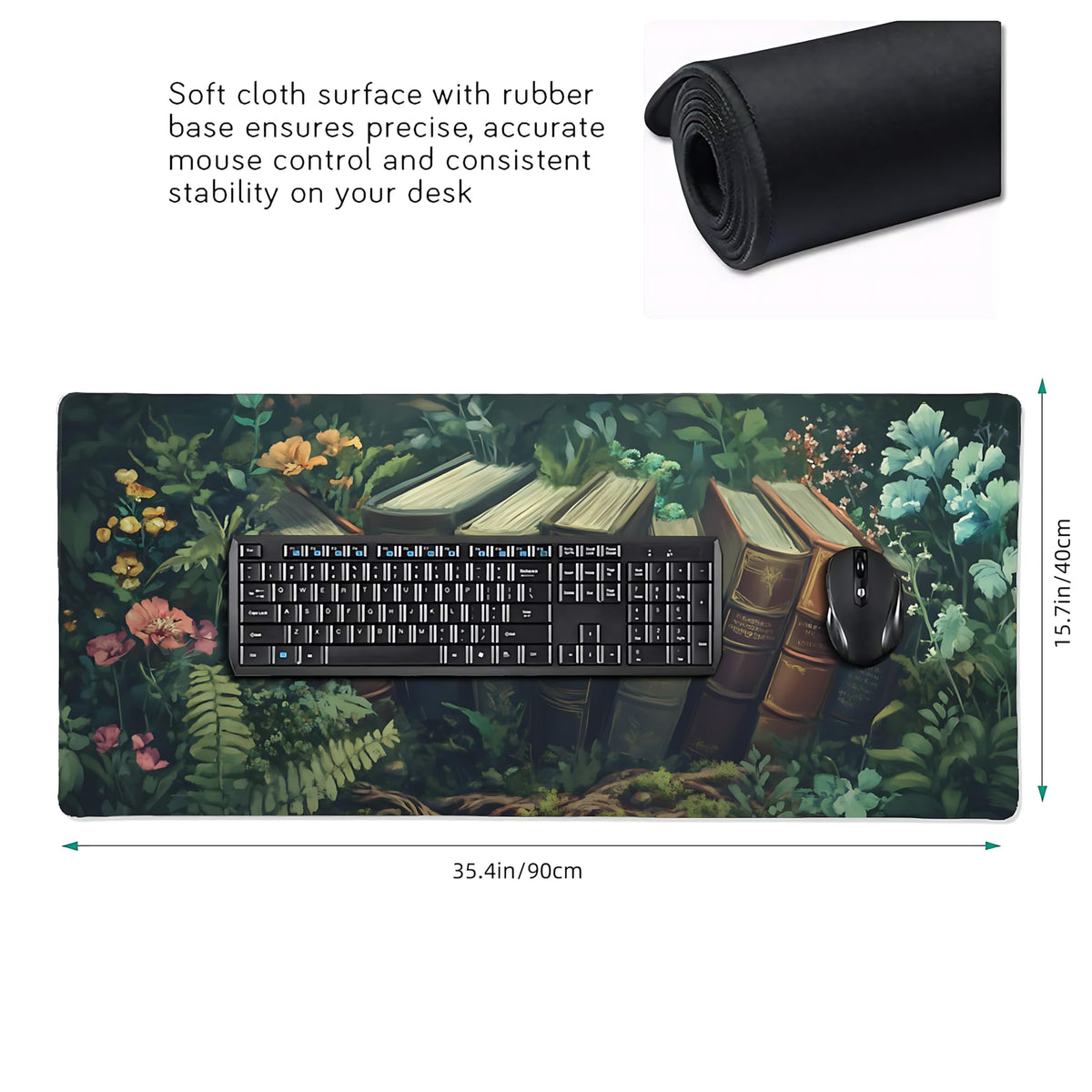 Floral Aesthetic Book Gaming Mouse Pad, Forest Green Moody Forest Desk Mat with Anti-Slip Base &