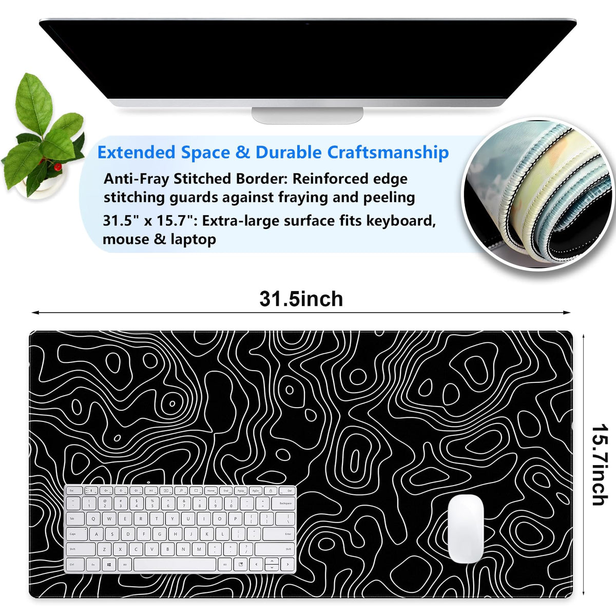Black and White Topographic Desk Mat, Large Gaming Mouse Pad 31.5x15.7