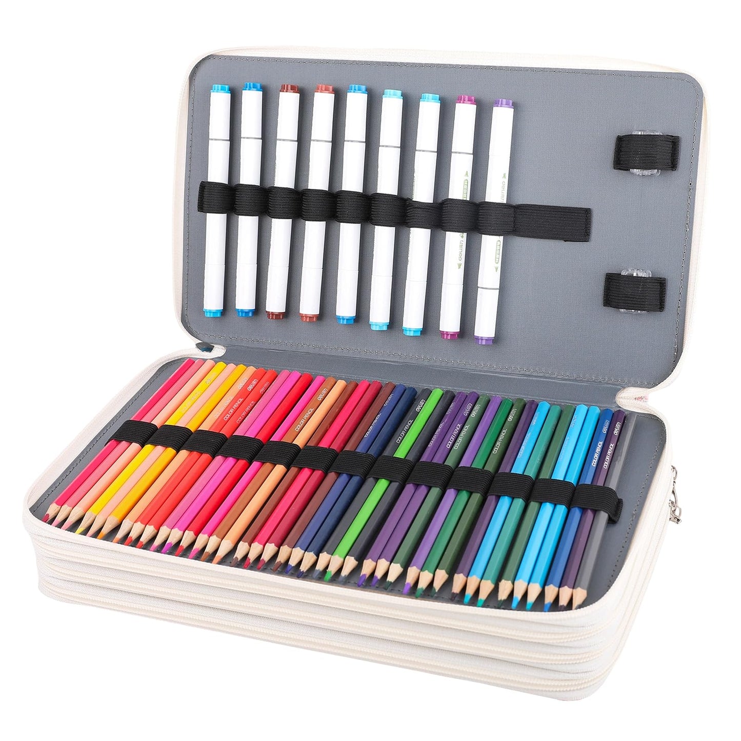 Vomgomfom 300 Slots Marker Case 4-Layer PU Leather, Handle, Gray Rose