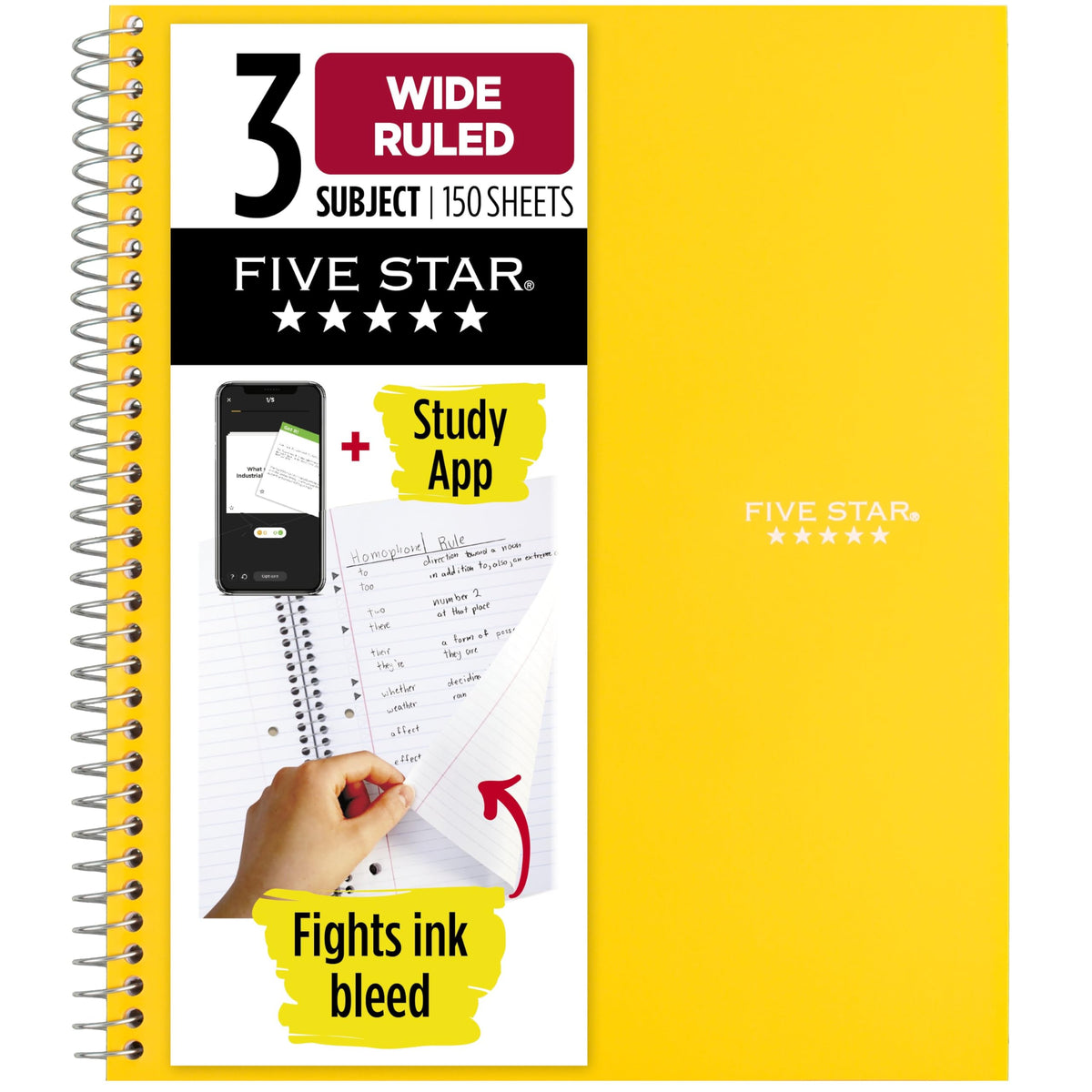 Five Star Spiral Notebook + Study App, 3 Subject, Wide Ruled Paper, 8" x 10-1/2", 150 Sheets