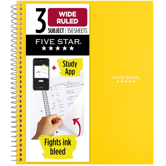 Five Star Spiral Notebook + Study App, 3 Subject, Wide Ruled Paper, 8" x 10-1/2", 150 Sheets