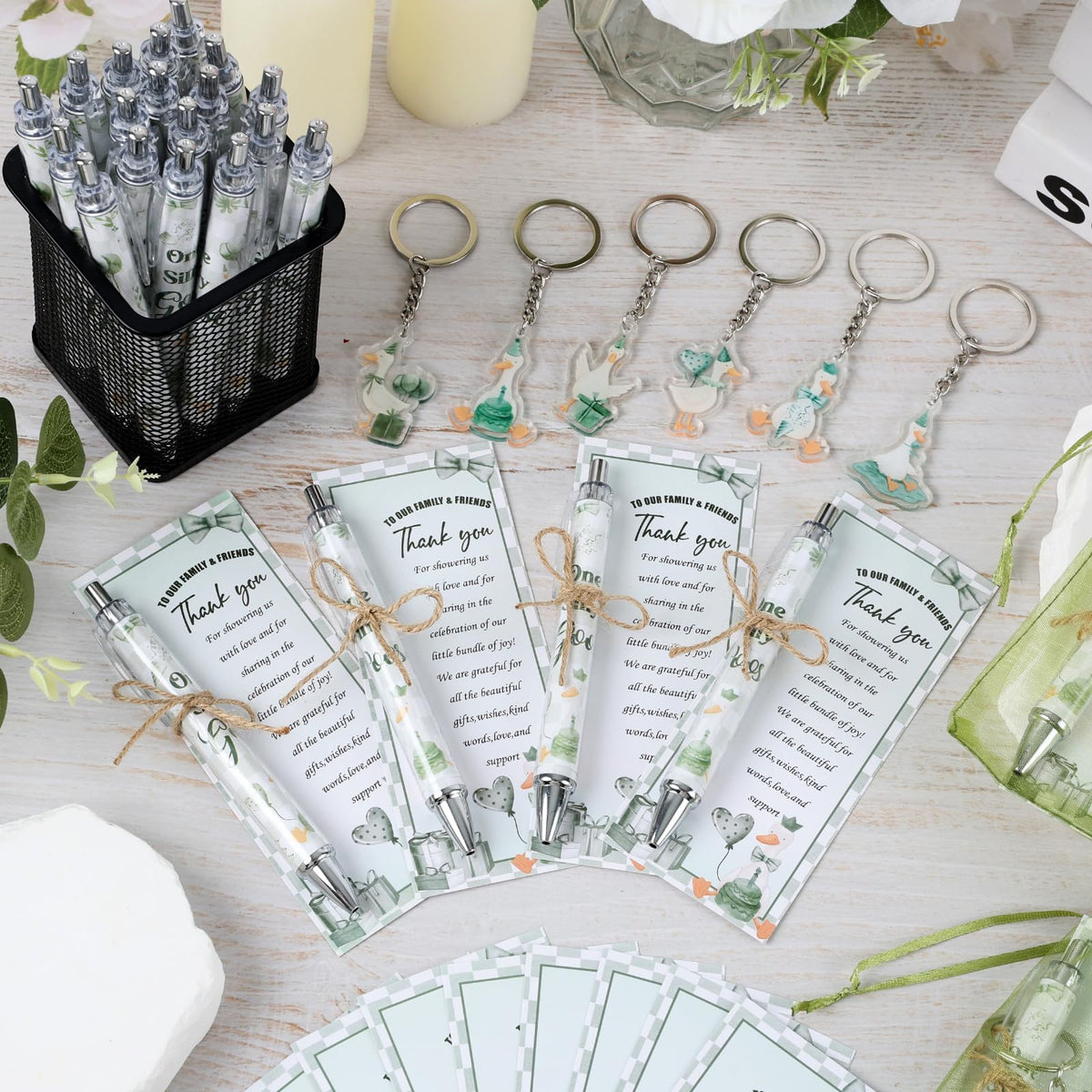 EYNDYN 145 Pieces Silly Goose Baby Shower Favors for Guest Goose Ballpoint Pens and Keychains Party