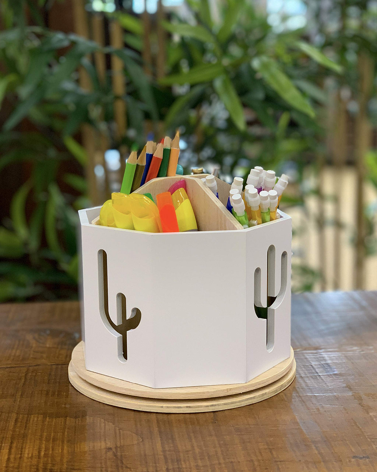 Spinning Desktop Stationary Organizer – Decorative Wooden Rotating Pen and Pencil Cup – Desk and