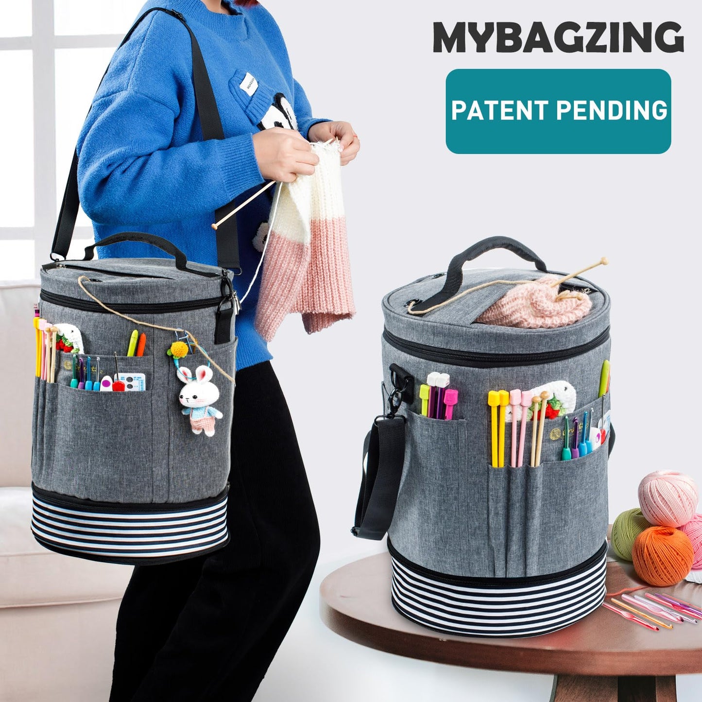 MYBAGZING Expandable Crochet Bag Organizer w/Yarn Grommets& Zipper Closure