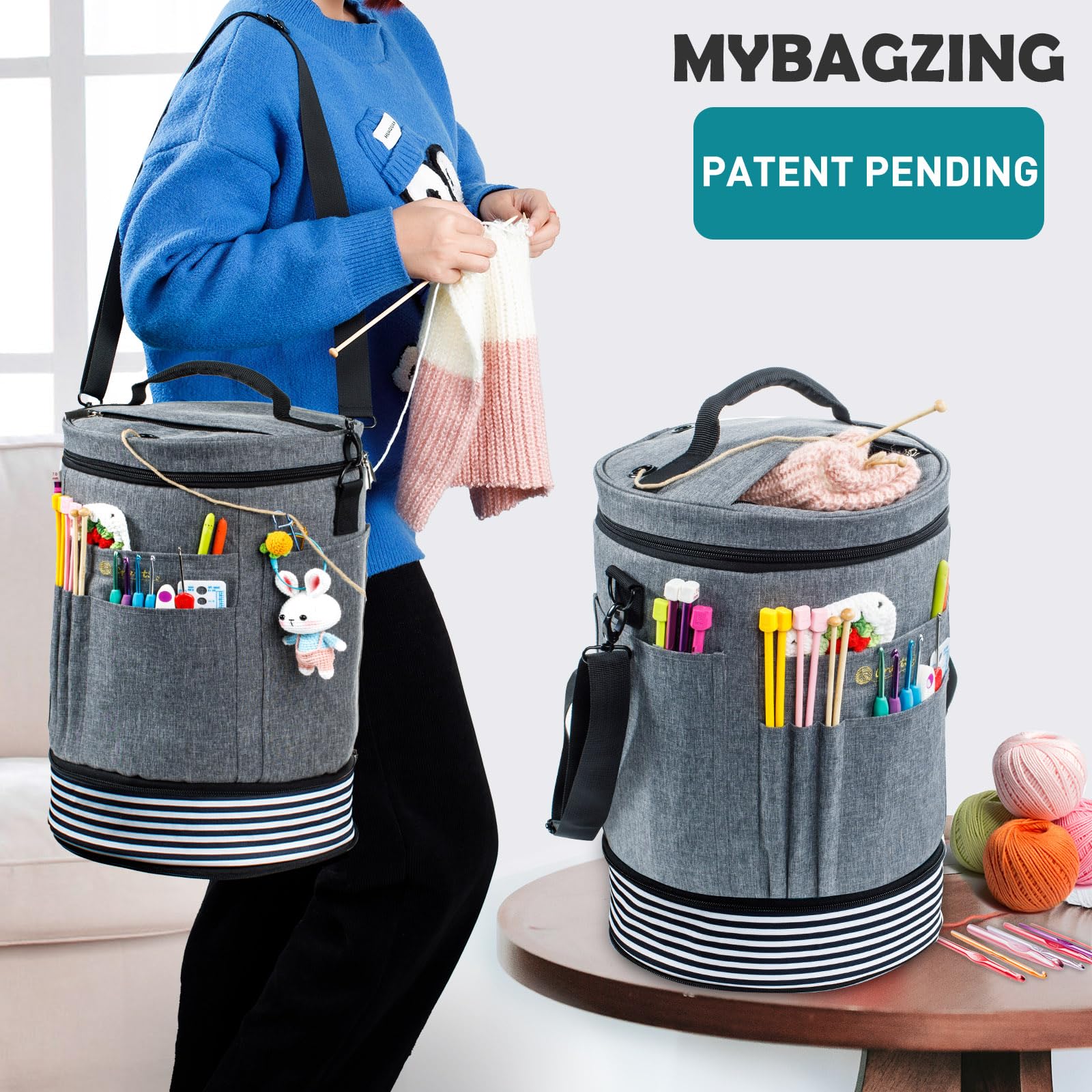 MYBAGZING Expandable Crochet Bag Organizer w/Yarn Grommets& Zipper Closure
