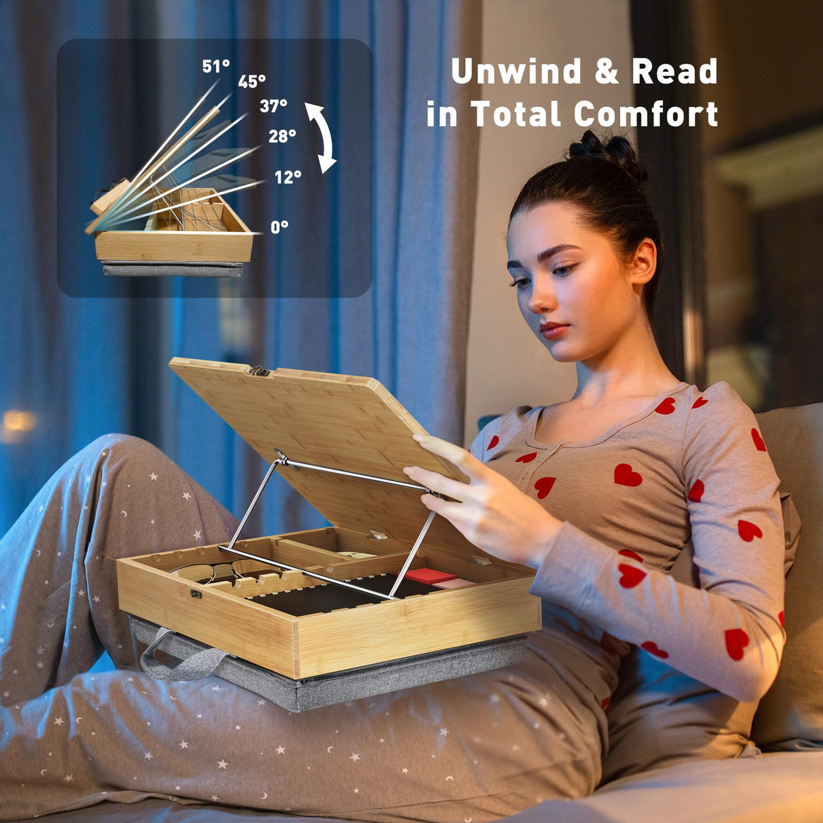 AboveTEK Book Stand for Reading with Storage, Adjustable Bamboo Book Holder with Soft Lap Cushion