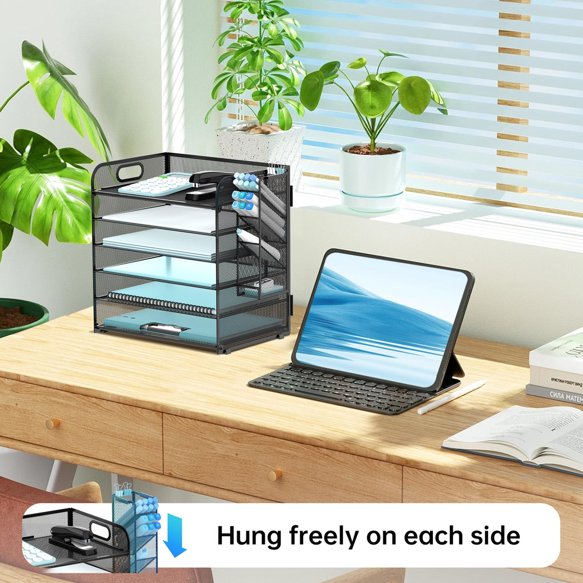 Supeasy 6 Tier Desk Organizer with 4 Pen Holders and Mesh Paper Trays Black