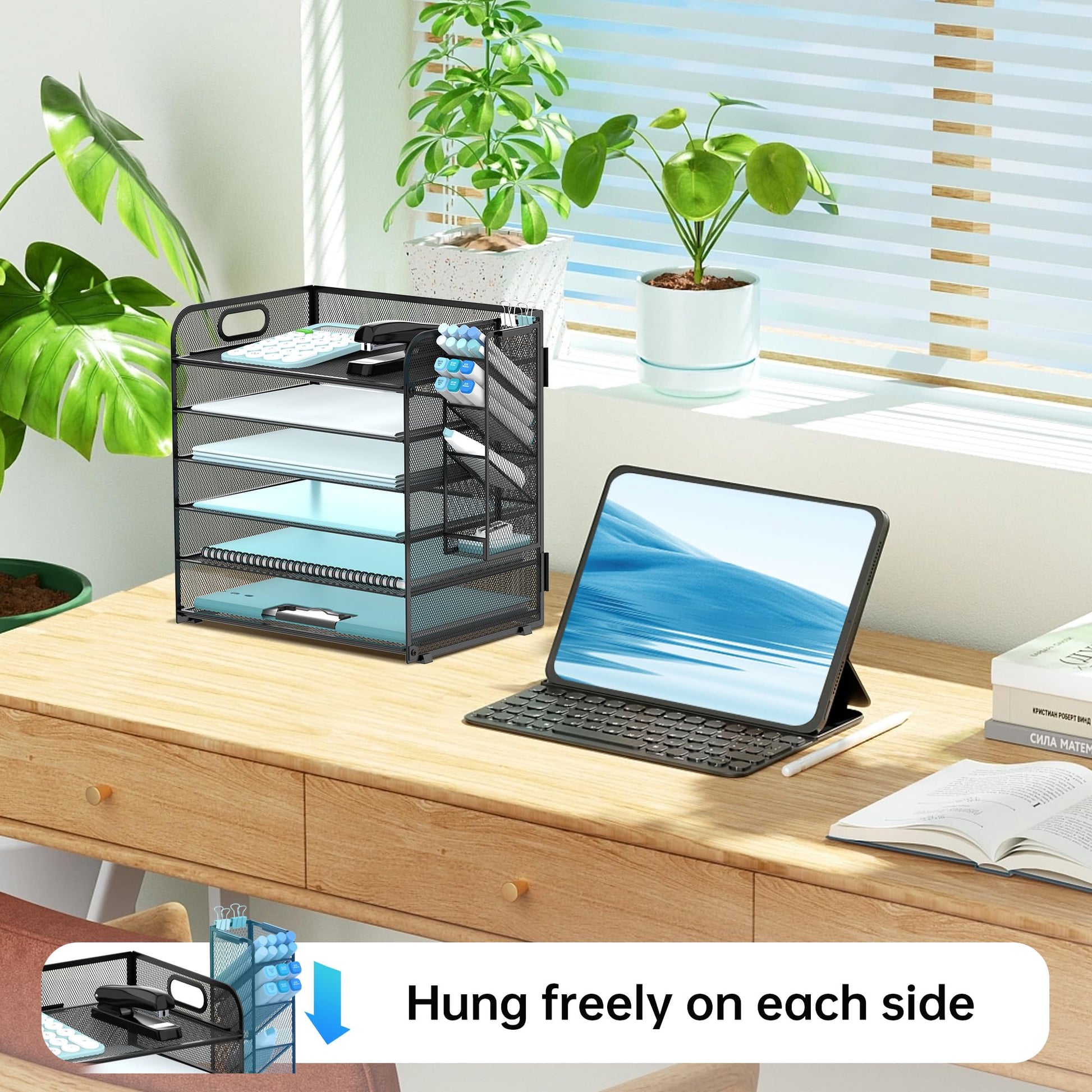 Supeasy 6 Tier Desk Organizer with 4 Pen Holders and Mesh Paper Trays Black