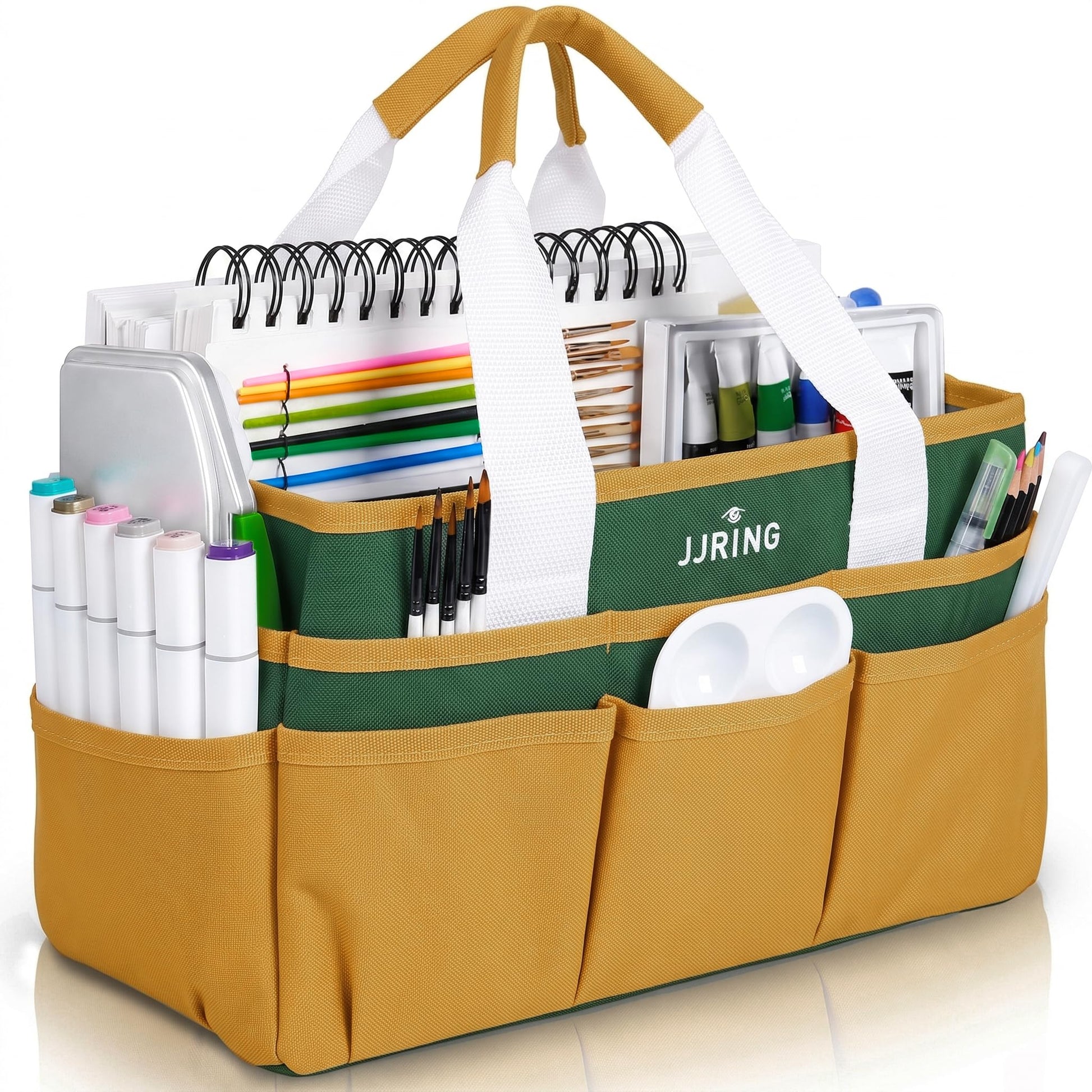 JJRING Craft Organizer Tote Bag Art Storage Caddy Deep Green and Yellow
