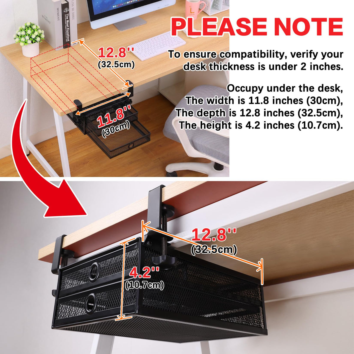 ROSYLINE Under Desk & Desktop Drawer Organizer, 2-Tier Big Capacity