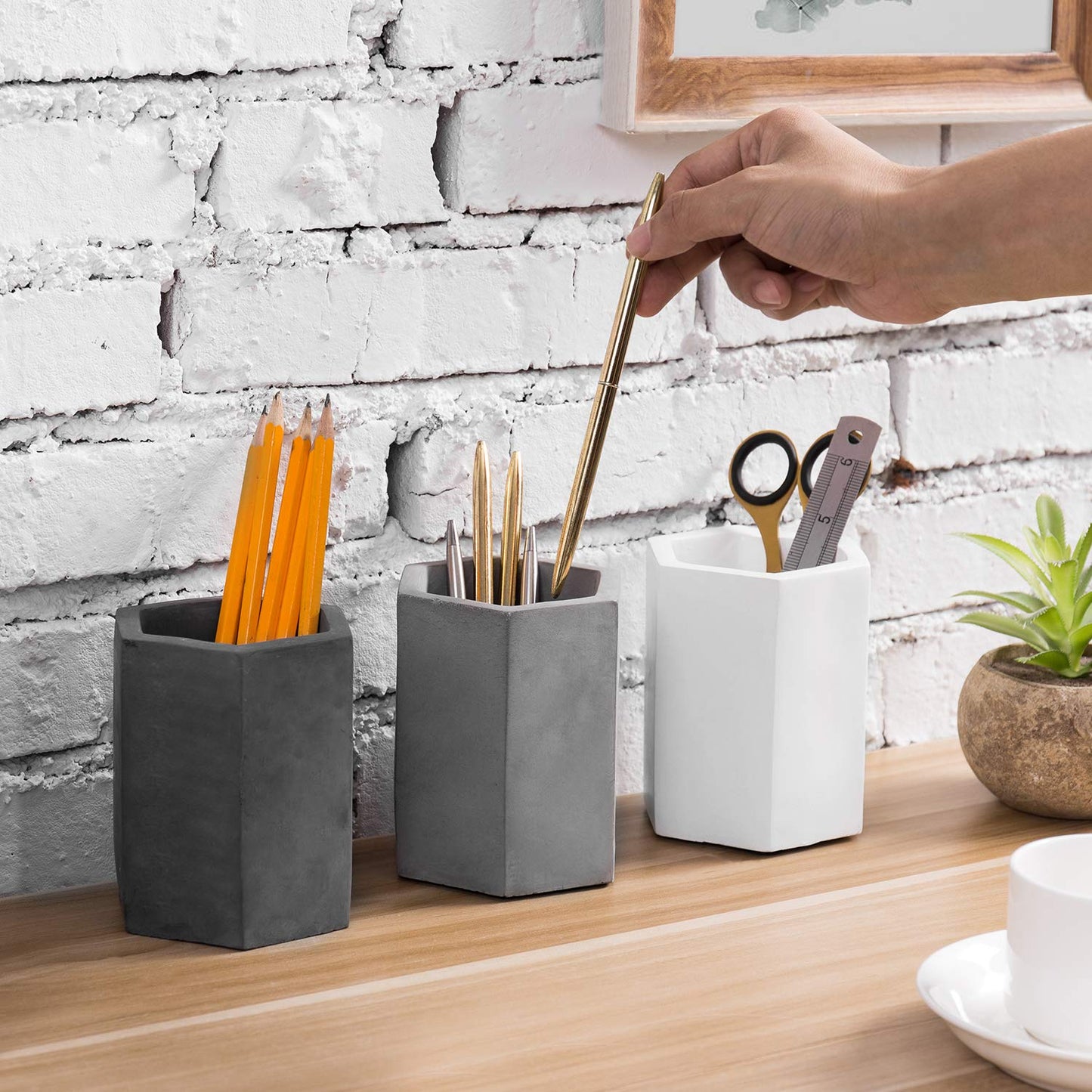 MyGift Cement Hexagon Pen Holders, Desktop Pencil Cups, Set of 3
