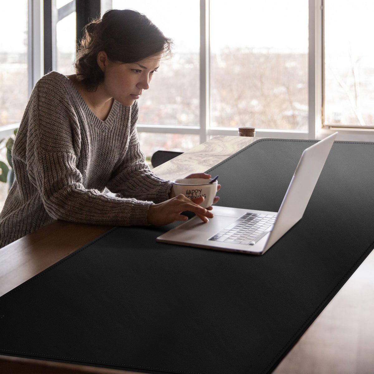 Cacoy 63"x24" Leather Desk Mat, Office Desk Blotter, Large Mouse Pad, Black