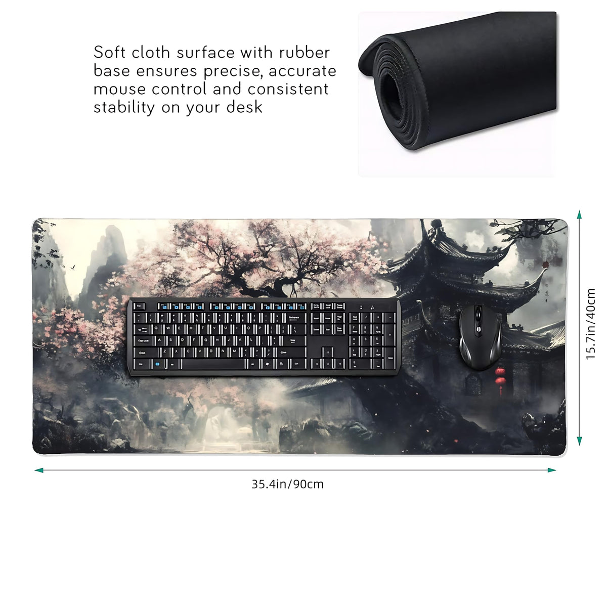 Aesthetic Scenery Gaming Mouse Pad, Black White Japanese Desk Mat with Anti-Slip Base & Stitched