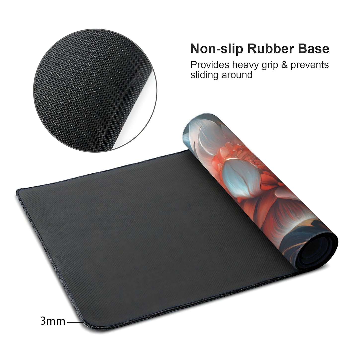 Floral Aesthetic Lotus Gaming Mouse Pad, Ink Blue Red Cyber Desk Mat with Anti-Slip Base & Stitched
