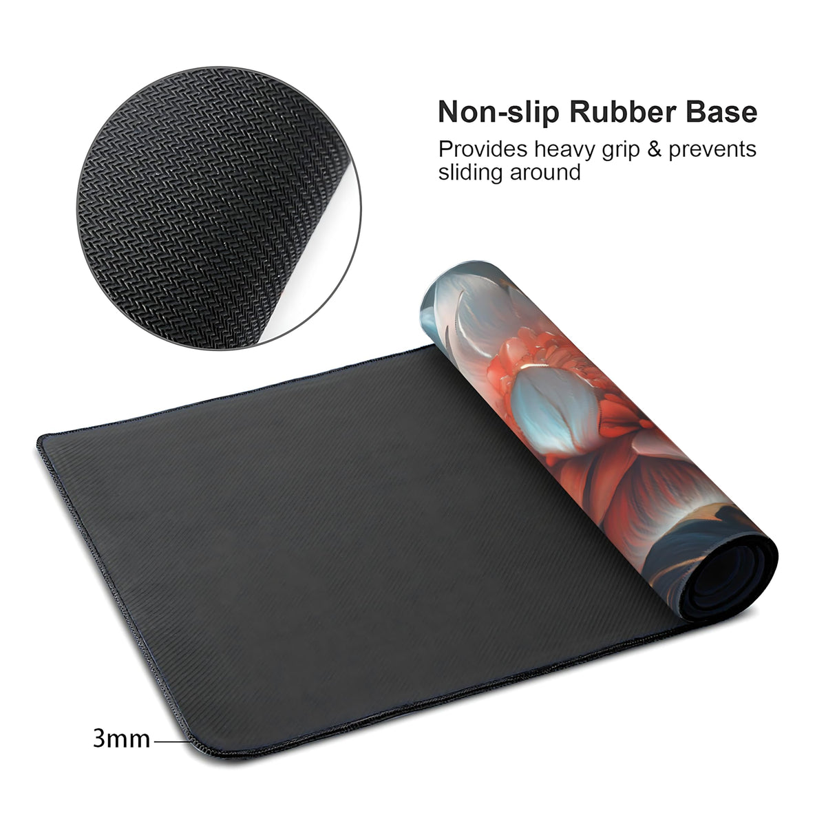 Floral Aesthetic Lotus Gaming Mouse Pad, Ink Blue Red Cyber Desk Mat with Anti-Slip Base & Stitched