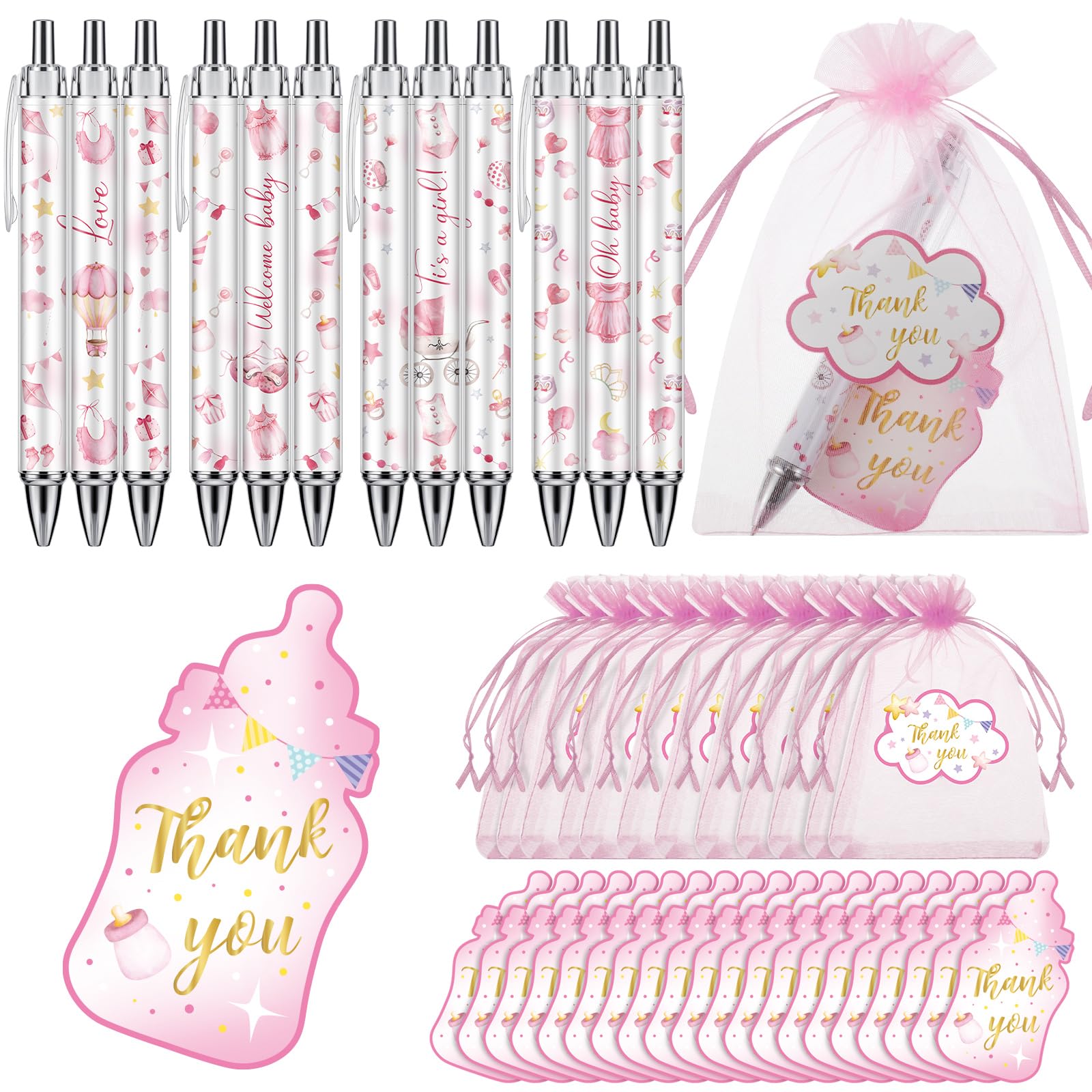 Chuangdi 50 Sets Pink Baby Shower Favors for Guests – 50 Ballpoint Pens with Organza Gift Bags &
