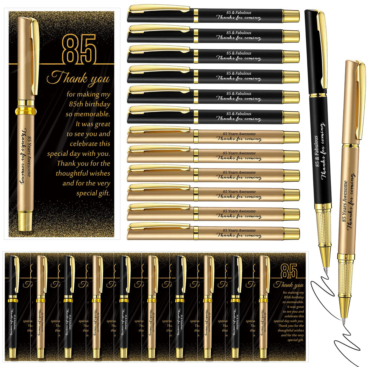 Feifeiya 30 Set 85th Birthday Favors with Black Gold Pens Cards