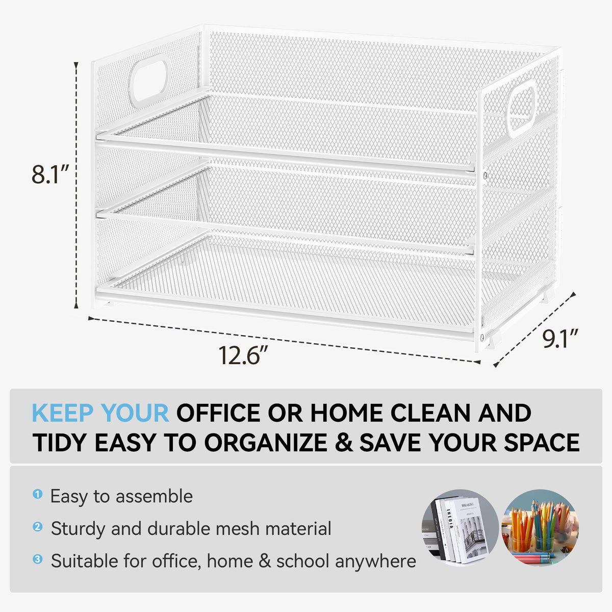 Subekyu 3 Tier Letter Tray Paper Organizer with Handle, 1 PC Sliding Tray, White Metal Mesh Desk