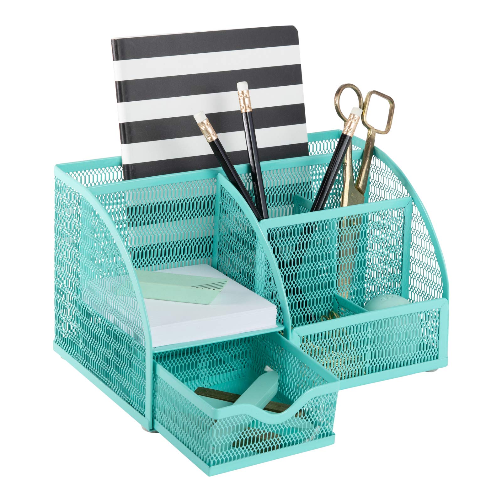 BLU MONACO Aqua Desk Organizer | Metal Turquoise Stationery Holder With Drawer and Compartments |
