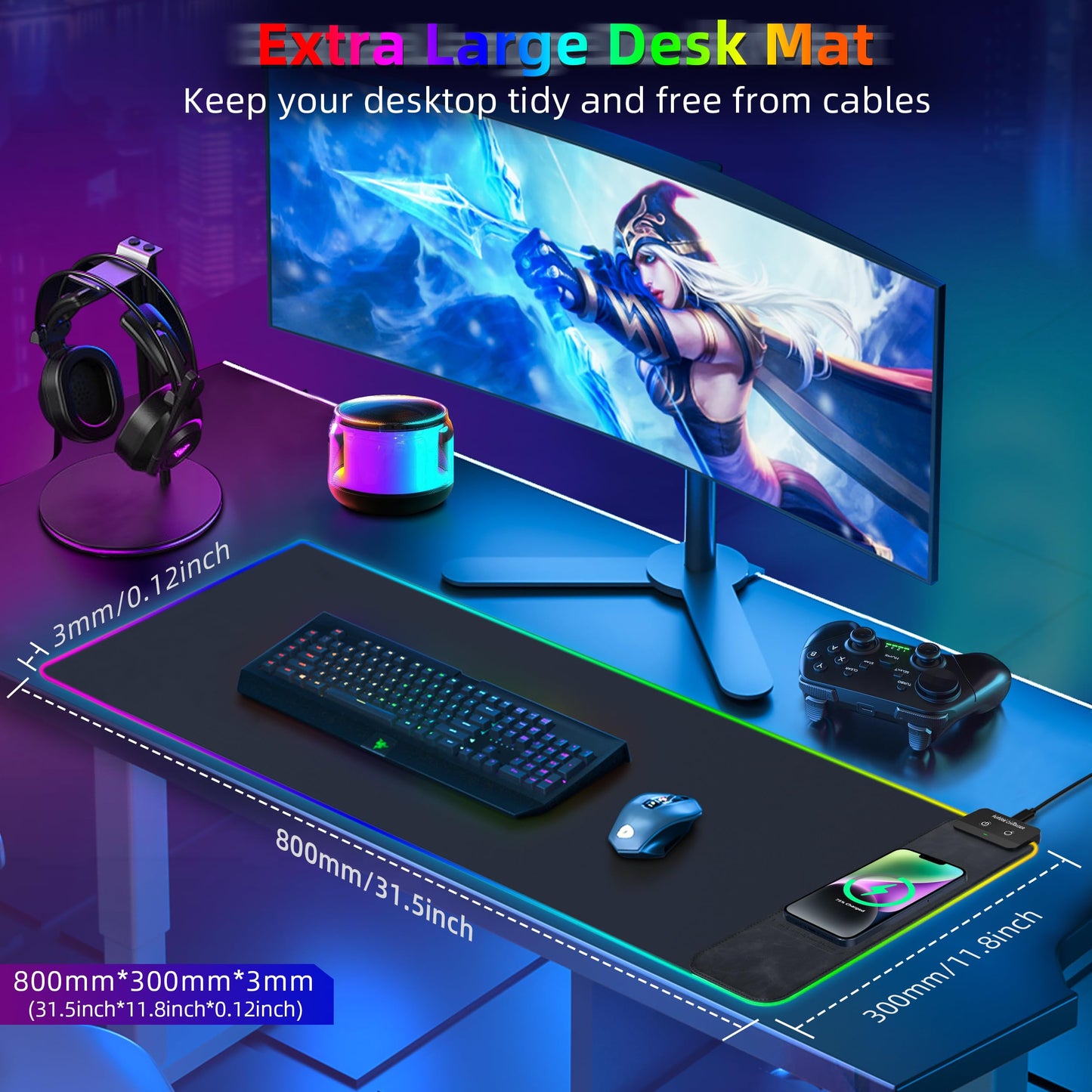 Gaming Mouse Pad, Wireless Charging Mouse Pad Gaming, 31.5"x11.8" Large RGB Desk Mat for
