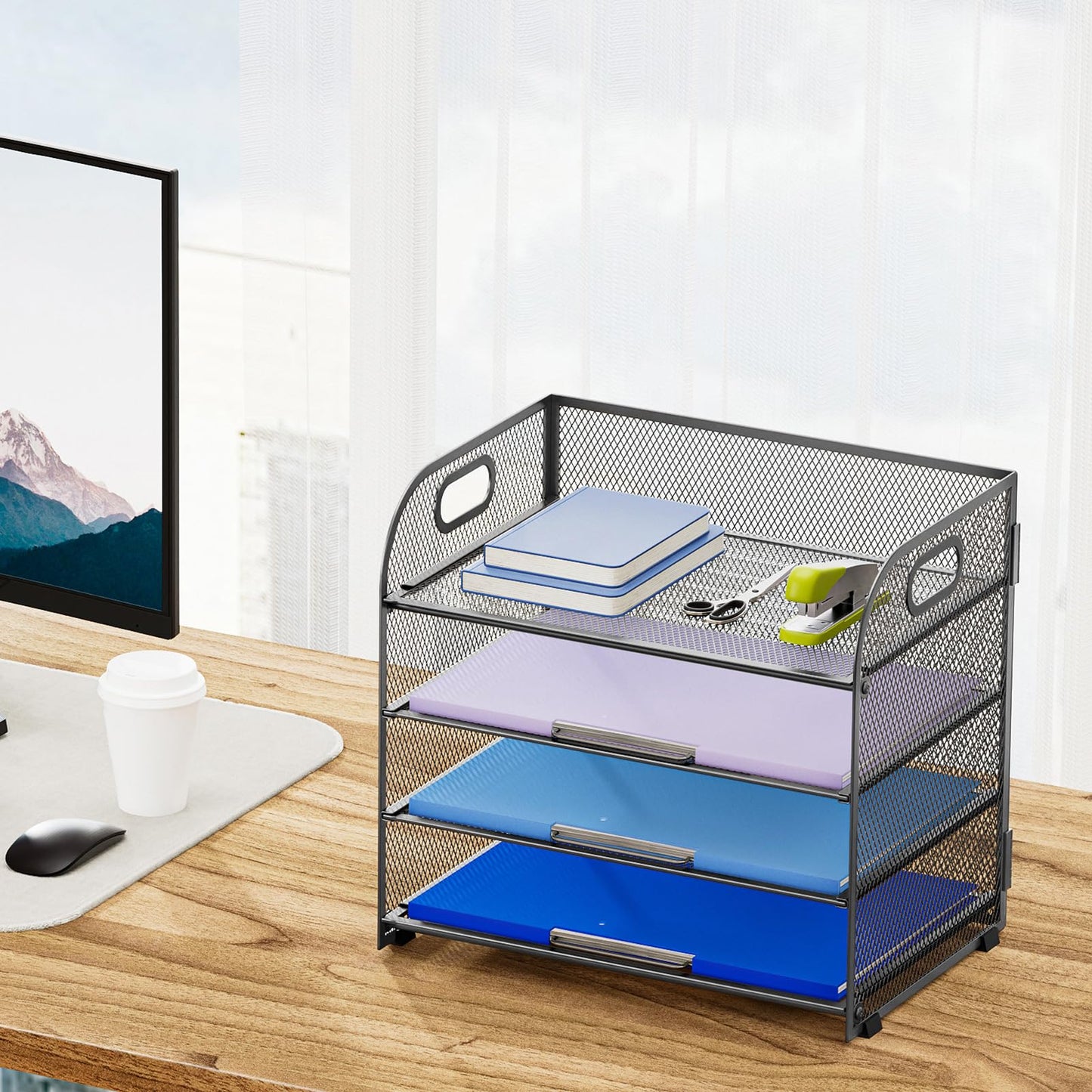 Marbrasse 4 Tier Paper Organizer Letter Tray - Mesh Desk File Organizer with Handle, Paper Sorter
