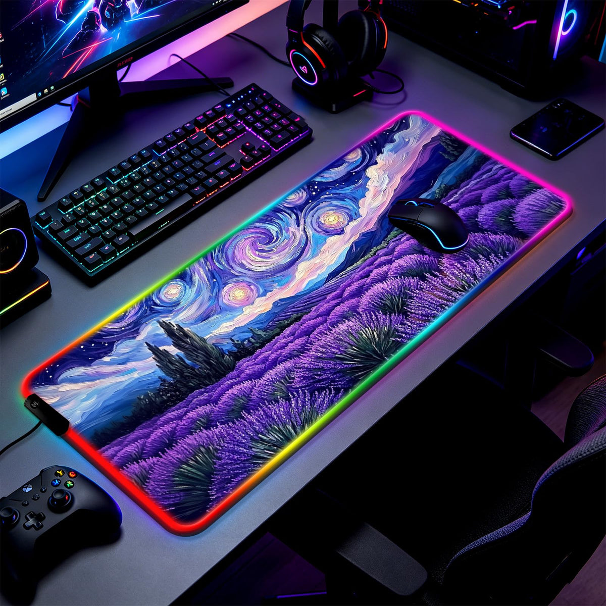 JIANG100 RGB Lavender Field Starry Night Gaming Desk Mat & Mouse Pad, XL