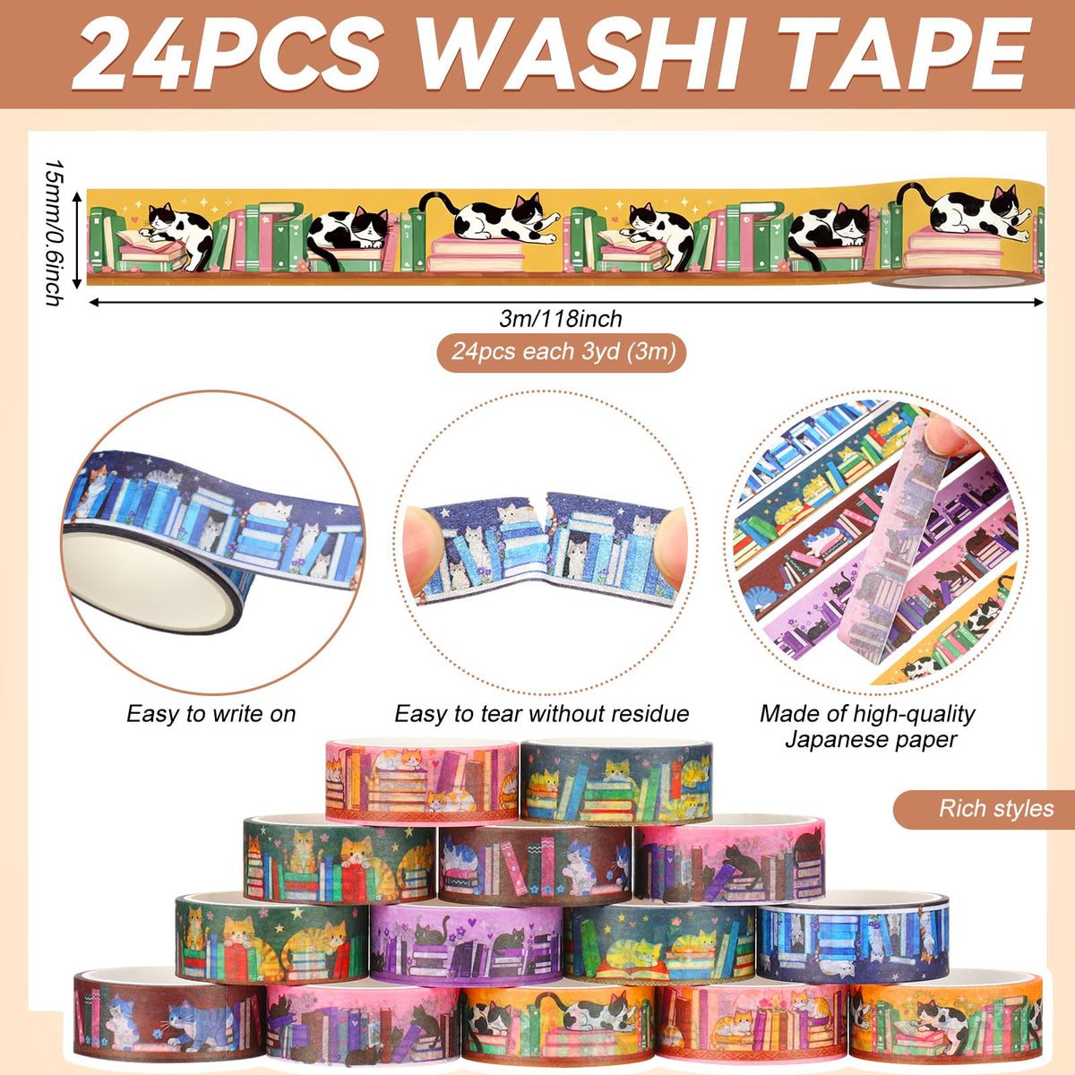 Janlaugh 24 Rolls Book Washi Tape Back to School Crafting Gifts, Cat