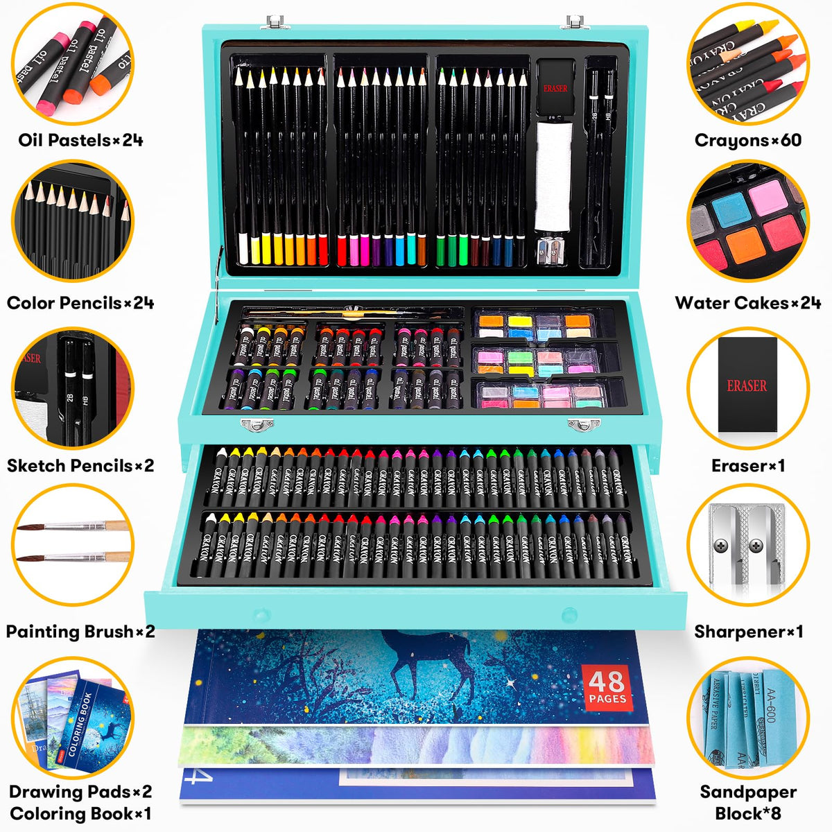 iBayam 150-Pack Deluxe Art Supplies with 1 Coloring Book, 2 Sketch Pads