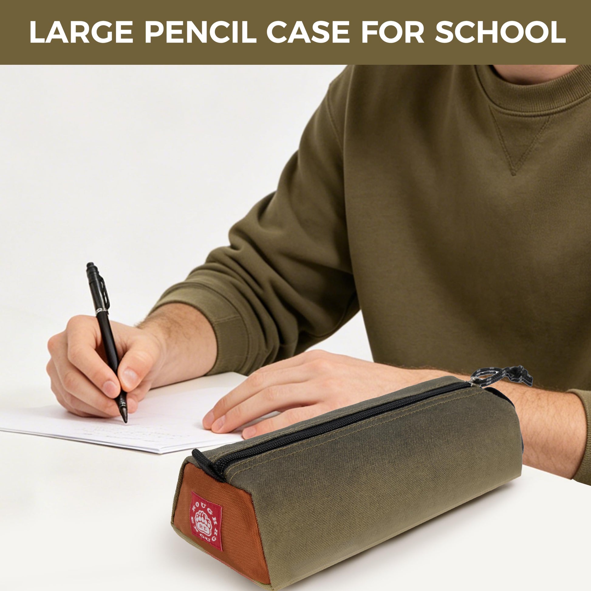 Rough Enough Large Pencil Case Pouch, Stationery Bag for Students, Beige