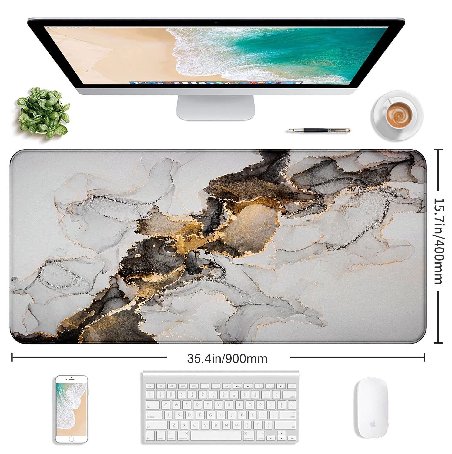 Large Expanded Marble Patterned Mouse Pad, Non Slip Rubber Keyboard Pad