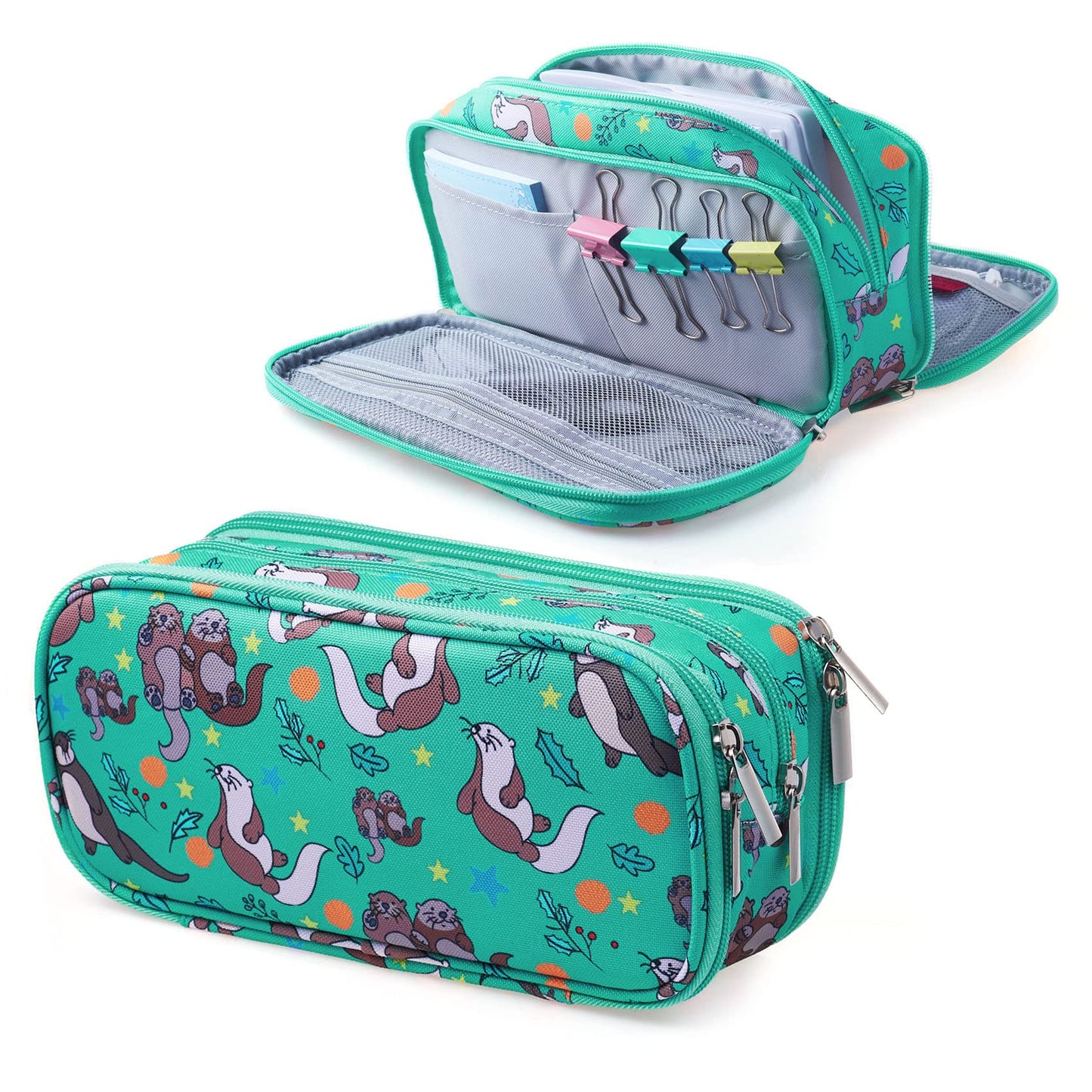 LParkin Cute Otter Gifts, Otters Pencil Case Super Large Capacity, Canvas 3 Compartments Pen Bag