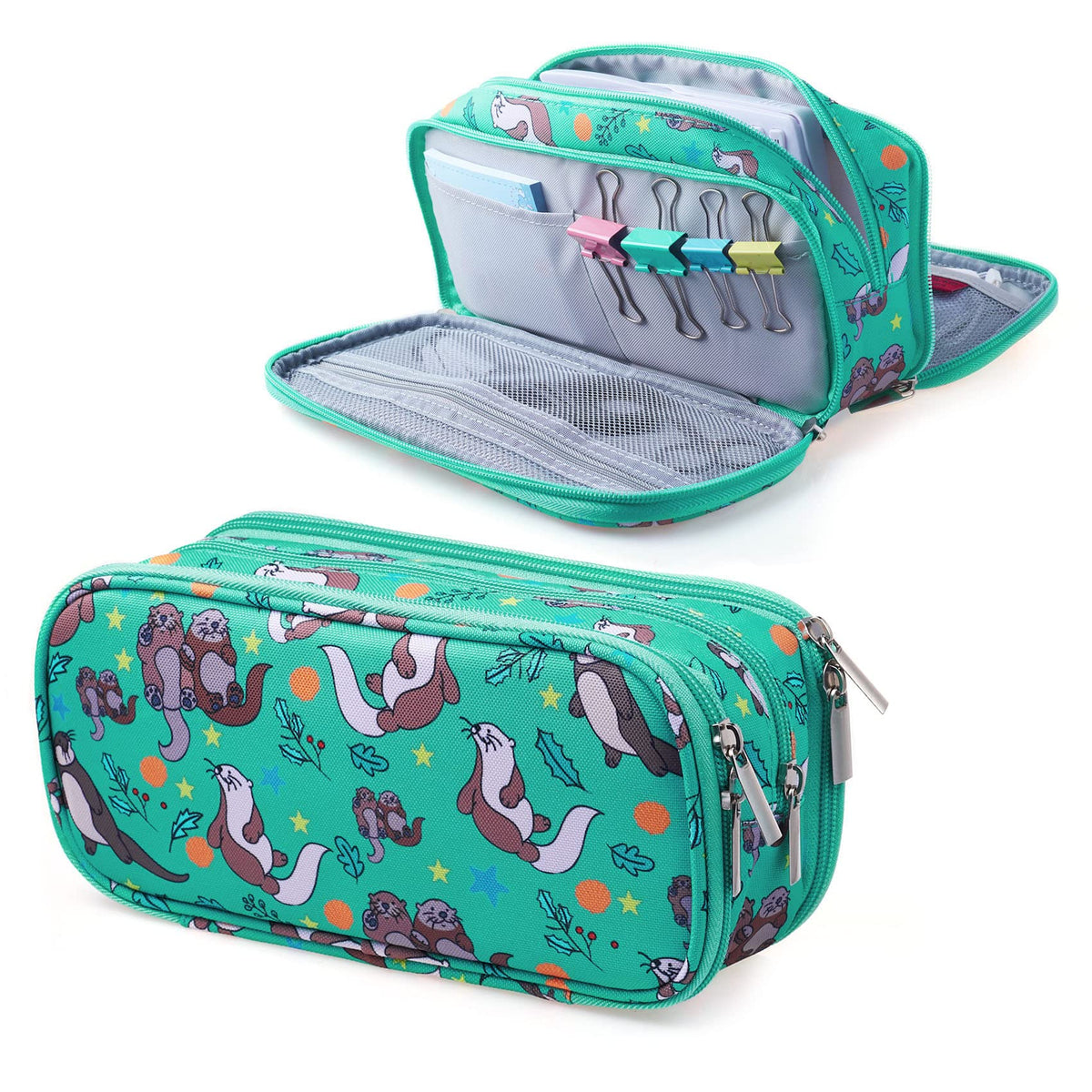 LParkin Cute Otter Gifts, Otters Pencil Case Super Large Capacity, Canvas 3 Compartments Pen Bag