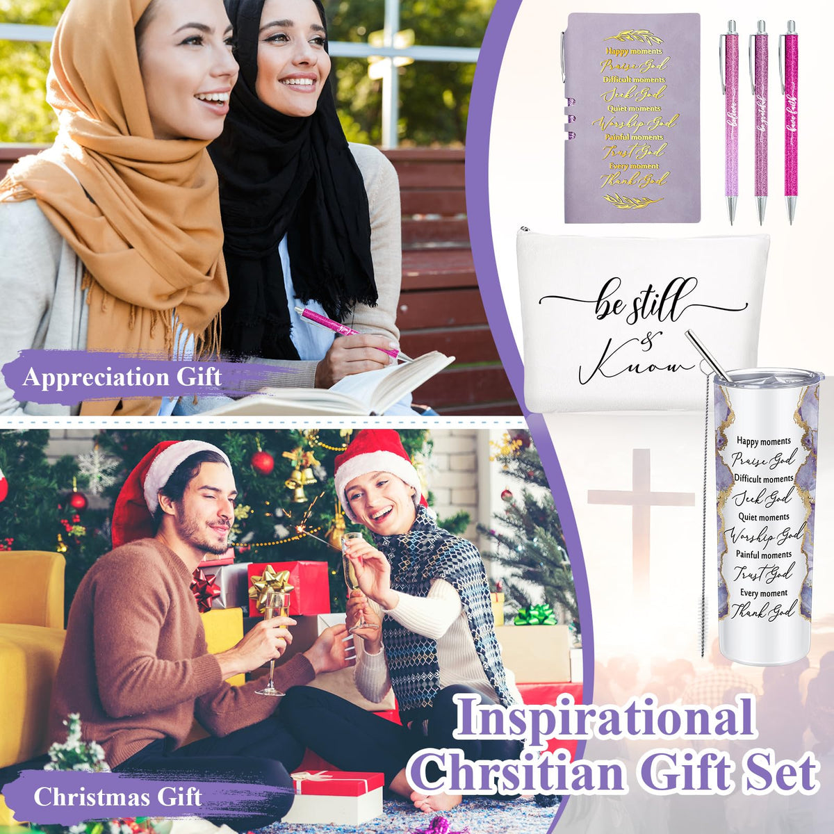 Domensi 6 Pcs Christian Gifts Set, 20 oz Tumbler Notepad Pens, Purple
