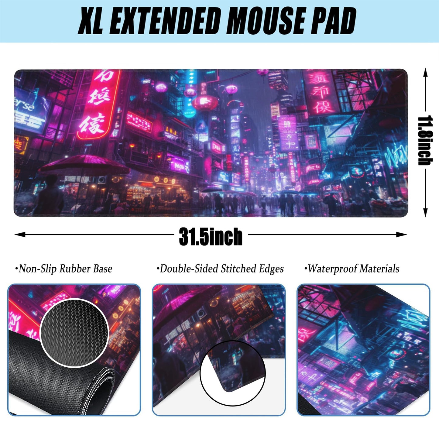 Desk Mat,Cyberpunk Neon City Large Gaming Mouse Pad for Desk XL,Futuristic Night Street Desk
