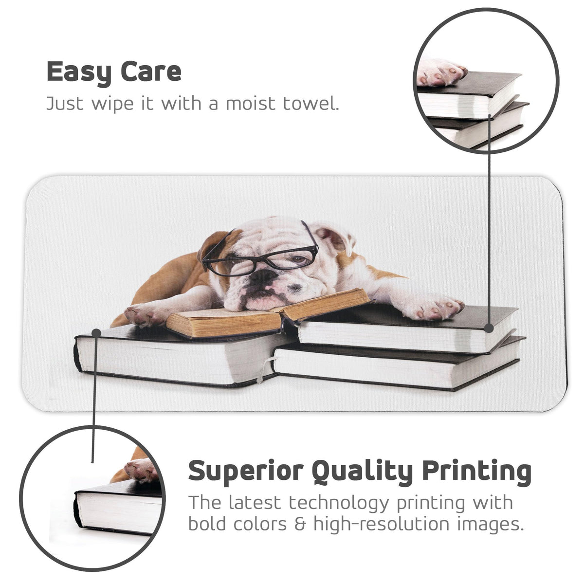 Ambesonne English Bulldog Computer Mouse Pad, Pure Breed Bulldog with Glasses and Books Hardworking