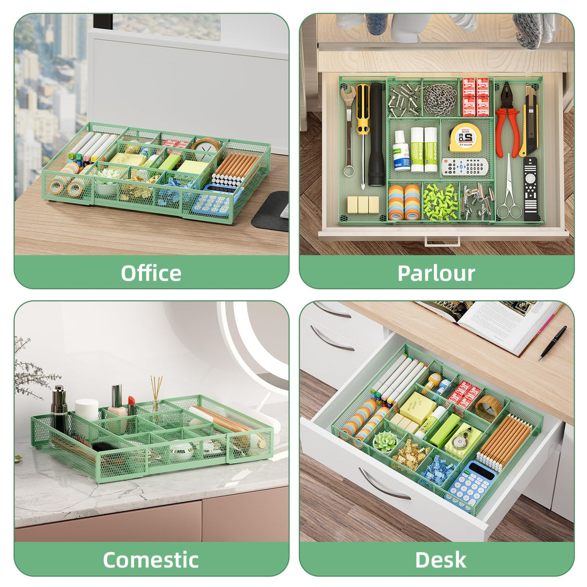 Marbrasse Expandable Desk Drawer Organizer, Mesh Drawer Organizer Tray with 10 Adjustable