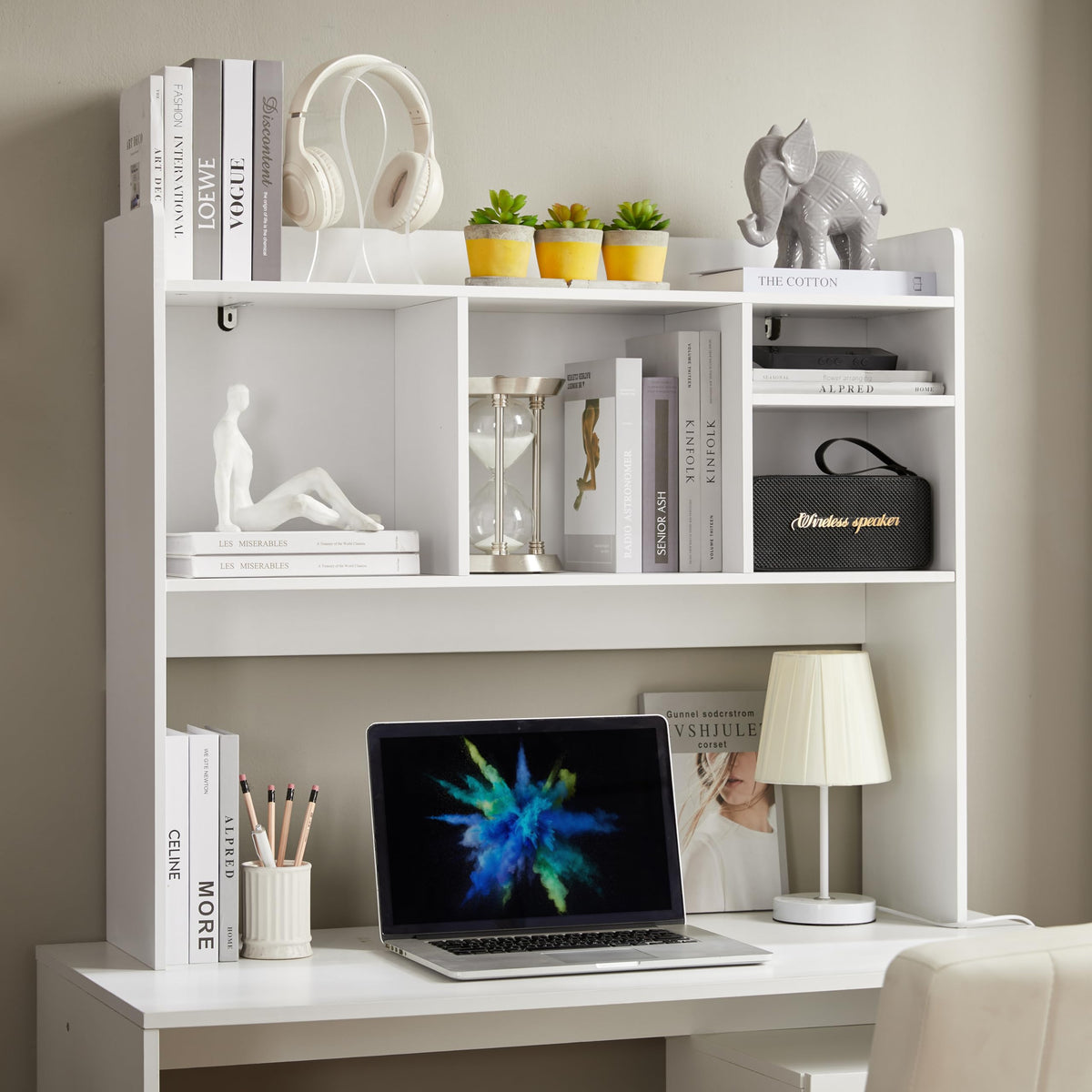Nromant Desktop Bookshelf, Wooden Desk Storage Hutch with 6 Shelves for Computer Desk, 3-Tier