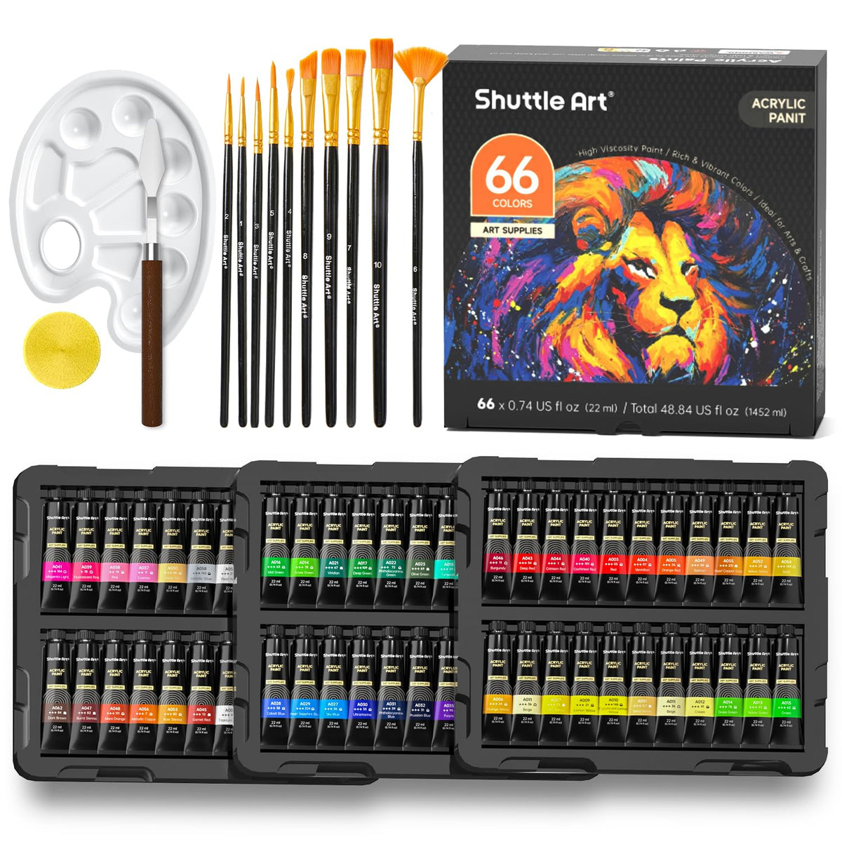 82 Pack Acrylic Paint Set, Shuttle Art 66 Colors Acrylic Paint with 10 Brushes, 22ml/0.74oz Tubes