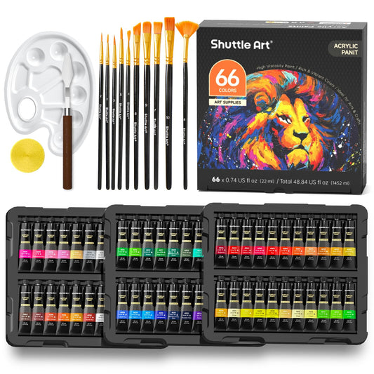 82 Pack Acrylic Paint Set, Shuttle Art 66 Colors Acrylic Paint with 10 Brushes, 22ml/0.74oz Tubes