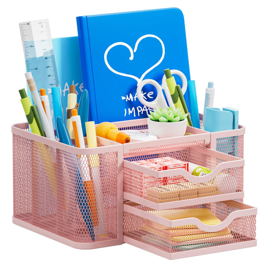 Marbrasse Mesh Desk Organizer, Pen Organizer with 2 Drawer, Multi-Functional Pencil Holder, Desk
