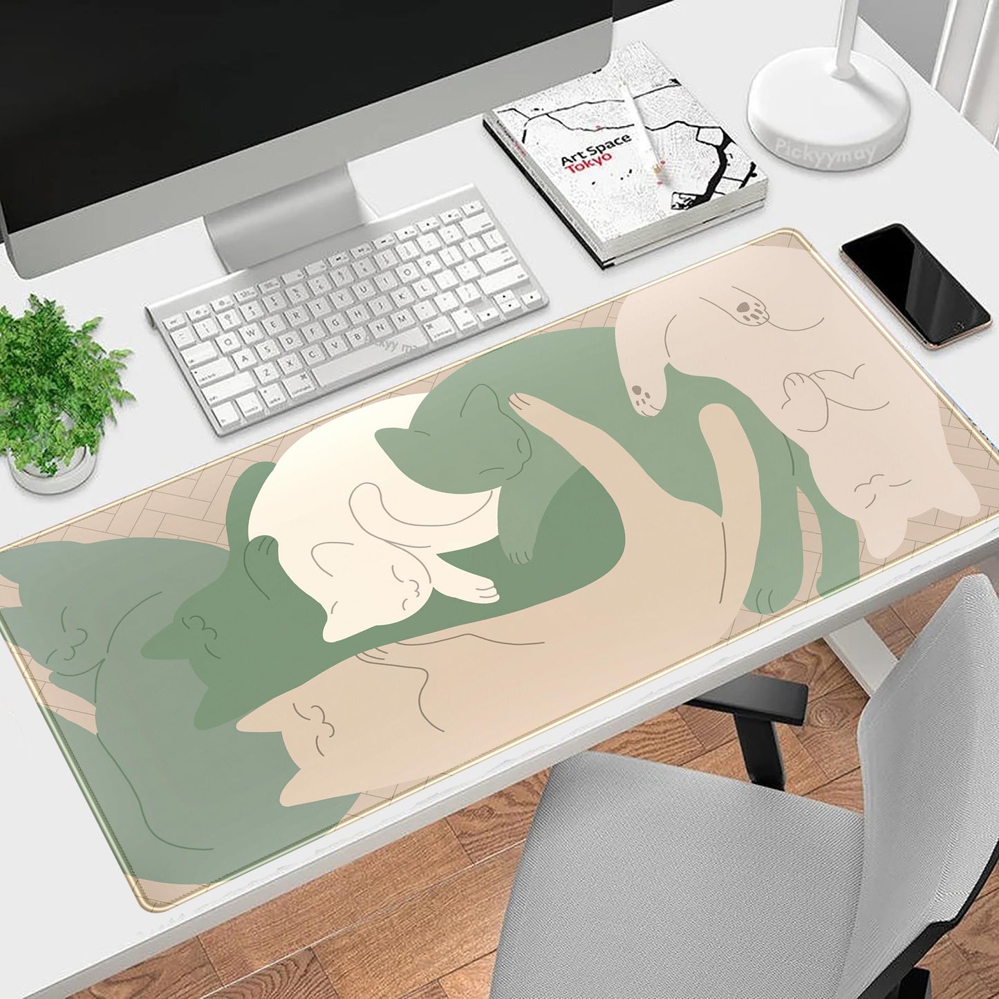 Cute Sleeping Cats Desk Mat Matcha Green Desk Pad, Minimalist Boho Mouse Pad XXL, Cream Tan Gaming