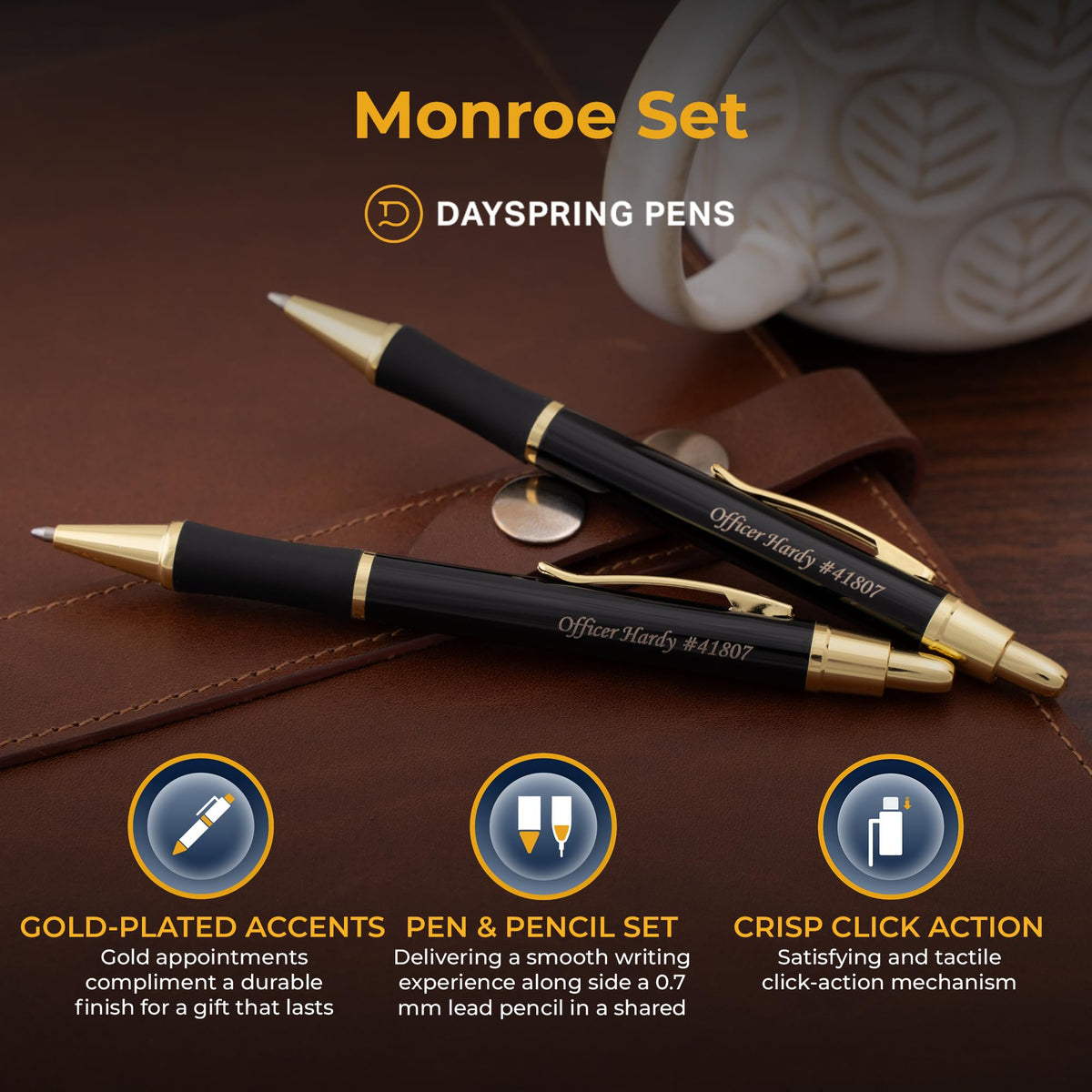 Dayspring Pens Monroe Personalized Pen and Pencil, Black Lacquer, Gold Trim