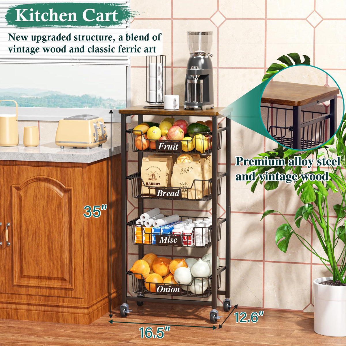 OKZEST 5-Tier Kitchen Storage Cart with 4 Upgraded Drawer Basket & Wood Top