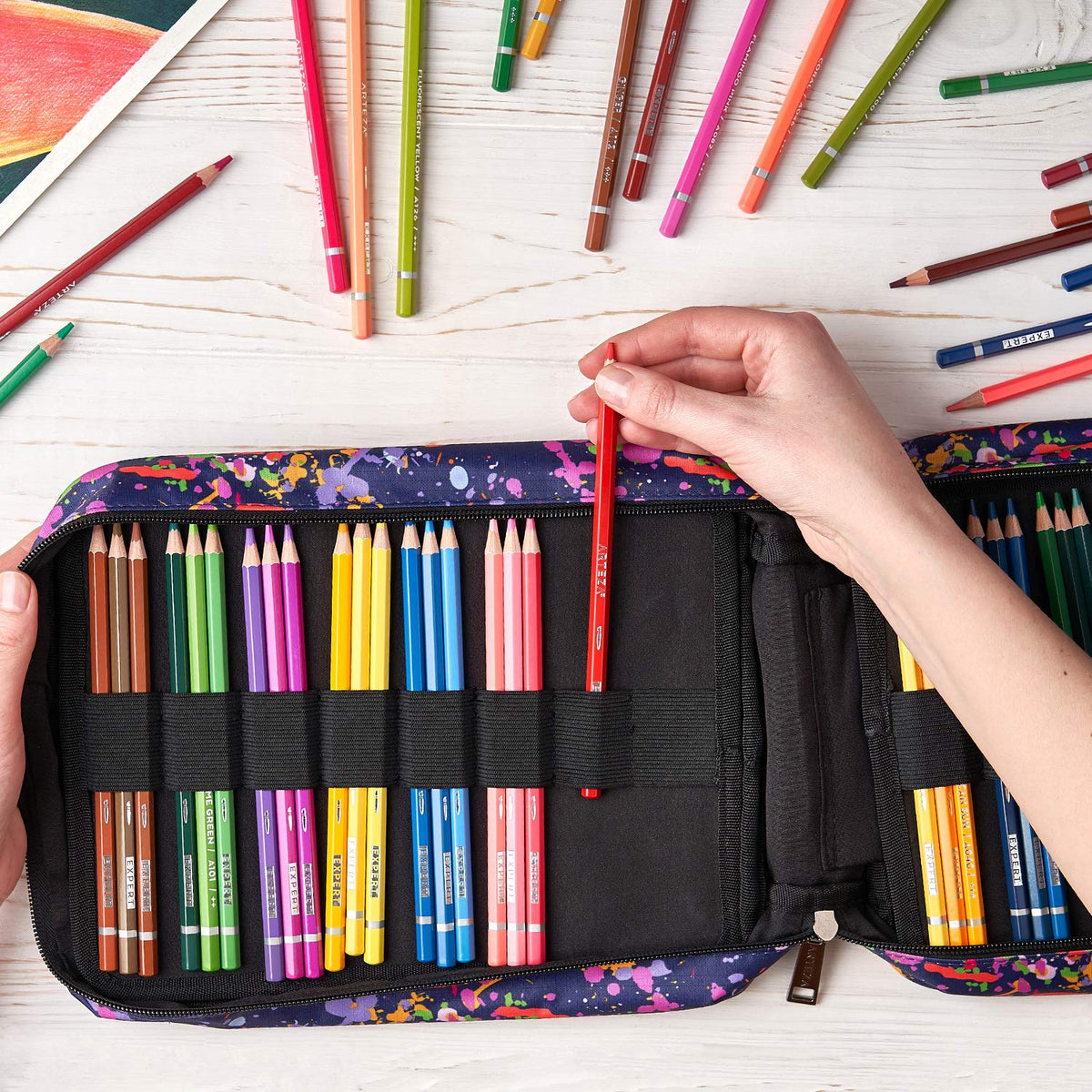 Arteza Pencil Case Organizer, 64 Elastic Slots, Paint Splatter Pattern, Large Capacity, Holds Up to