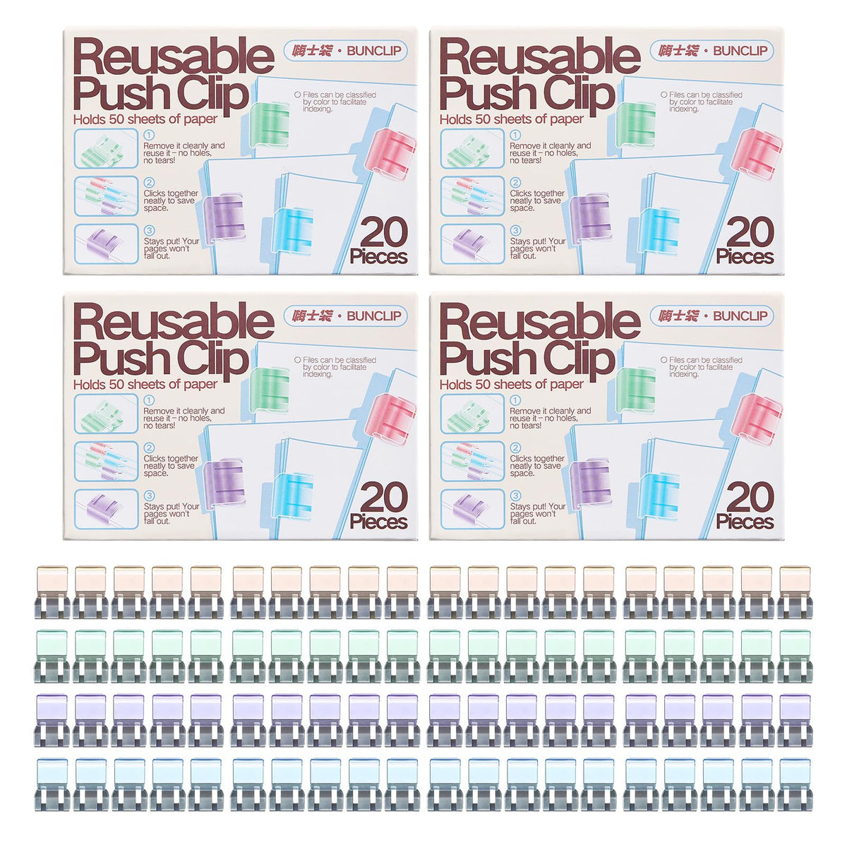 BUNCLIP Push Paper & Binder Clips, 80 Pack 50 Sheet Heavy Duty No Damage