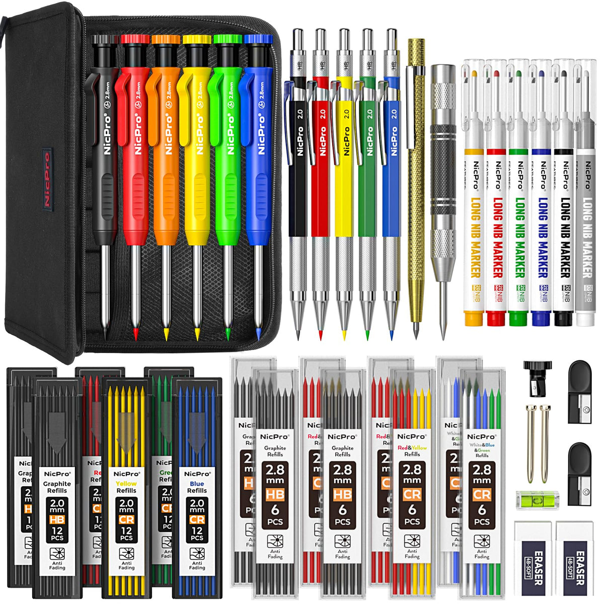 Nicpro 42Pack Carpenter Pencil with Sharpener, Mechanical Carpenter Pencils Set with Deep Hole Long