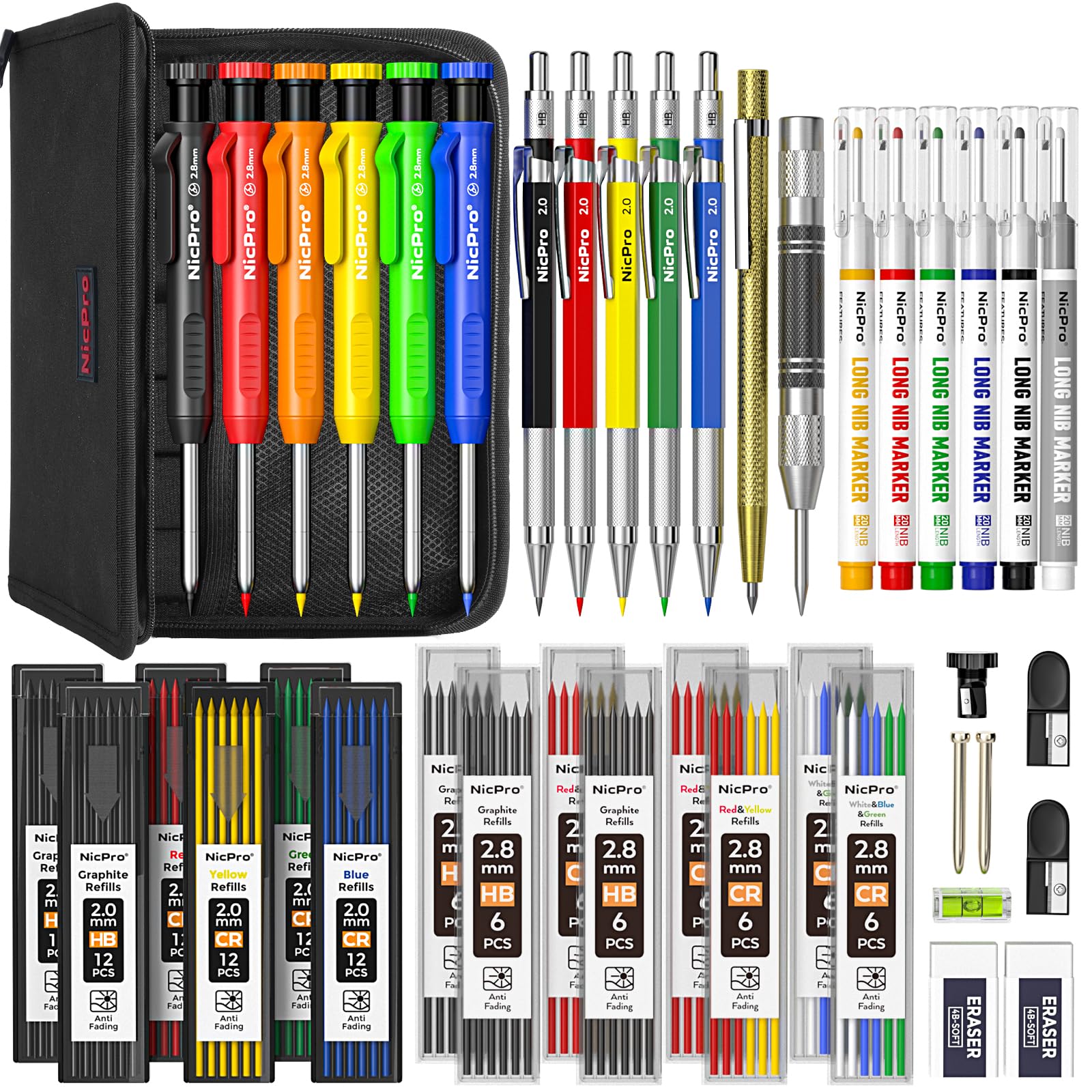 Nicpro 42Pack Carpenter Pencil with Sharpener, Mechanical Carpenter Pencils Set with Deep Hole Long